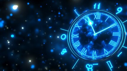 glowing blue clock face in starry night sky