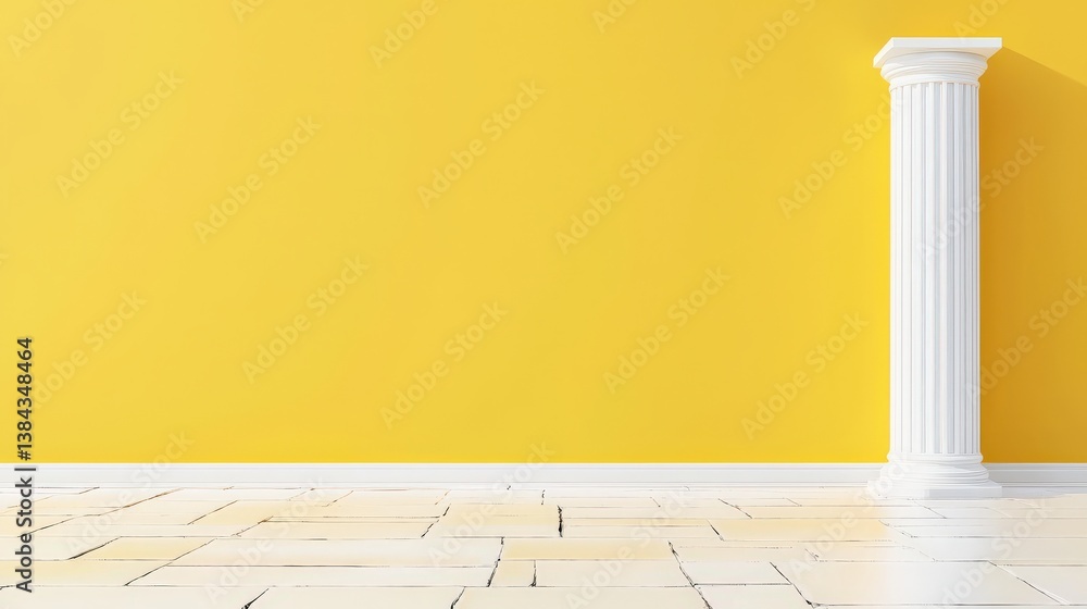 Poster a white column stands in front of a yellow wall. the column is tall and slender. the room is empty