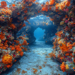 Obraz premium An underwater landscape with a giant rock arch covered in coral and sponges