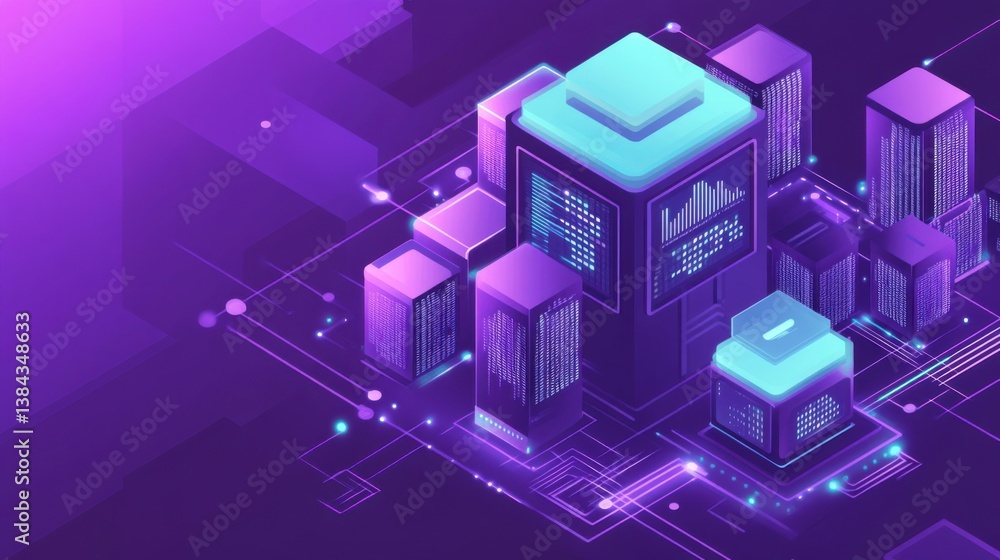 Poster futuristic data center with neon lights and digital visualization elements