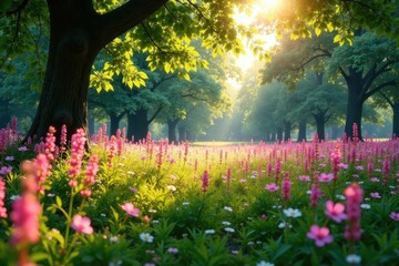 Obraz premium Serene Sunrise Illuminates a Meadow of Blossoms Underneath the Canopy of Majestic Trees