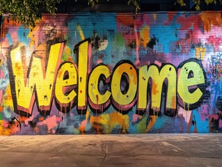 Welcome mural in urban park with vibrant graffiti and copy space on left