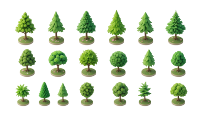 Collection of 3D Rendered Low Poly Trees Various Shapes and Sizes Green Foliage