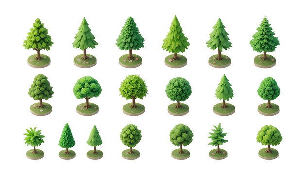 Collection of 3D Rendered Low Poly Trees Various Shapes and Sizes Green Foliage - Powered by Adobe