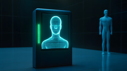 A futuristic digital display shows a wireframe human model, while a solid figure stands nearby in a dark, sleek room.  The scene evokes themes of technology, AI, and identity.