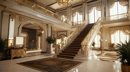 Grandiose Golden Staircase in a Luxurious Mansion