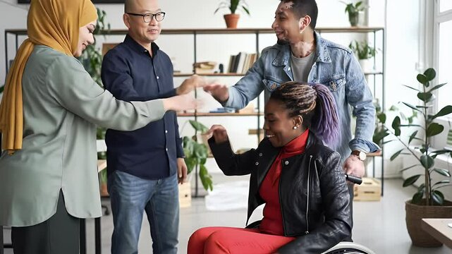 Diverse team of business professionals, multiethnic team joining hands together in the office, celebrating their success, teamwork and inclusive work environment