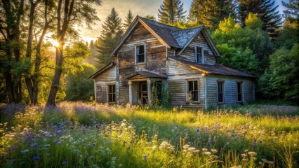 Fototapeta premium Abandoned House in Overgrown Landscape - Forgotten Architecture, Nostalgic Ruins, Nature Reclaiming, Mysterious Vibes, Decaying Beauty, Old Windows, Weathered Walls, Hidden Stories, Timeworn Charm
