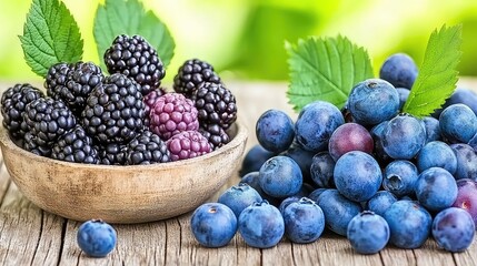 Fresh blackberries and blueberries on wooden surface