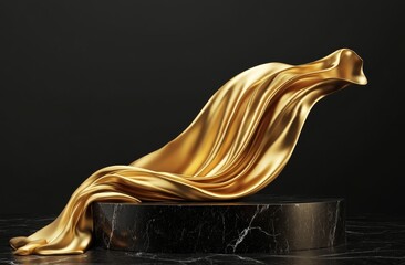 Gold fabric draped over a black marble pedestal