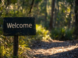 Welcome sign on forest trail with dappled sunlight and negative space below