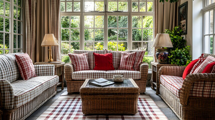 Obraz premium Cozy conservatory featuring a checkered furniture pattern in an English country