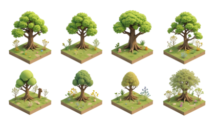 Collection of Eight 3D Rendered Low Poly Trees,  Various Styles and Foliage, Nature Scenery