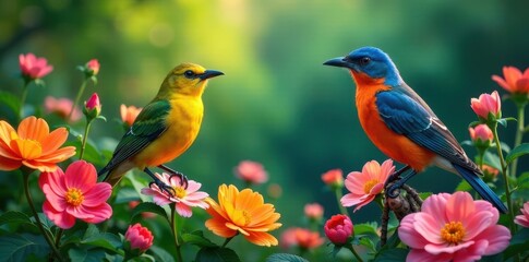 Fototapeta premium Birds perched on vibrant flowers, surrounded by lush greenery and colorful blooms, foliage, outdoor