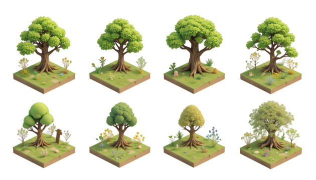 Collection of Eight 3D Rendered Low Poly Trees,  Various Styles and Foliage, Nature Scenery