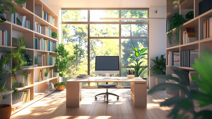 Fototapeta premium Bright modern workspace with books and plants, bathed in sunlight from large windows
