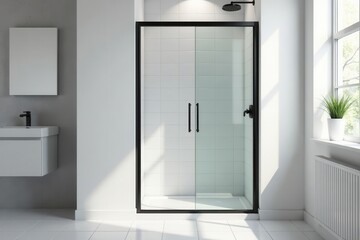 Black edged frame conceals a spacious shower cubicle in a fully tiled white bathroom, cubicle, frame