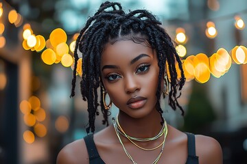 A stunning Black woman with locs, gold jewelry, and illuminated background
