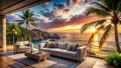 Fototapeta premium Luxurious Ocean View Balcony Couch: Serene Escape, Palm Trees, Rocks, Fashion Photography