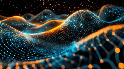 Abstract digital wave, glowing particles, dark background, tech design