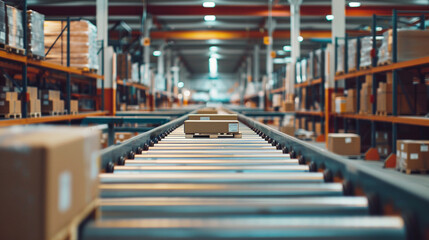 Fototapeta premium A warehouse with rows of conveyor belts, efficiently moving packages to different sections, construction site. stock image, hd quality, natural look, blog post.