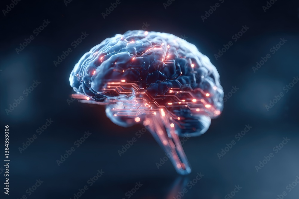 Poster glowing digital brain with circuit pathways