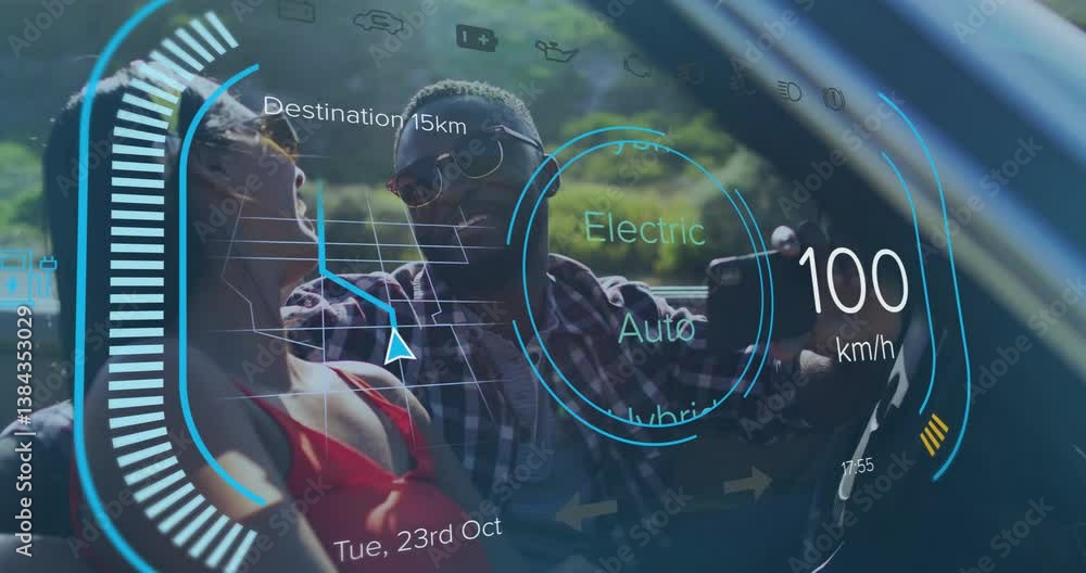 Poster in car, couple using futuristic dashboard animation showing speed and destination