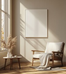 Sunlit room with armchair, pampas grass, and blank canvas.