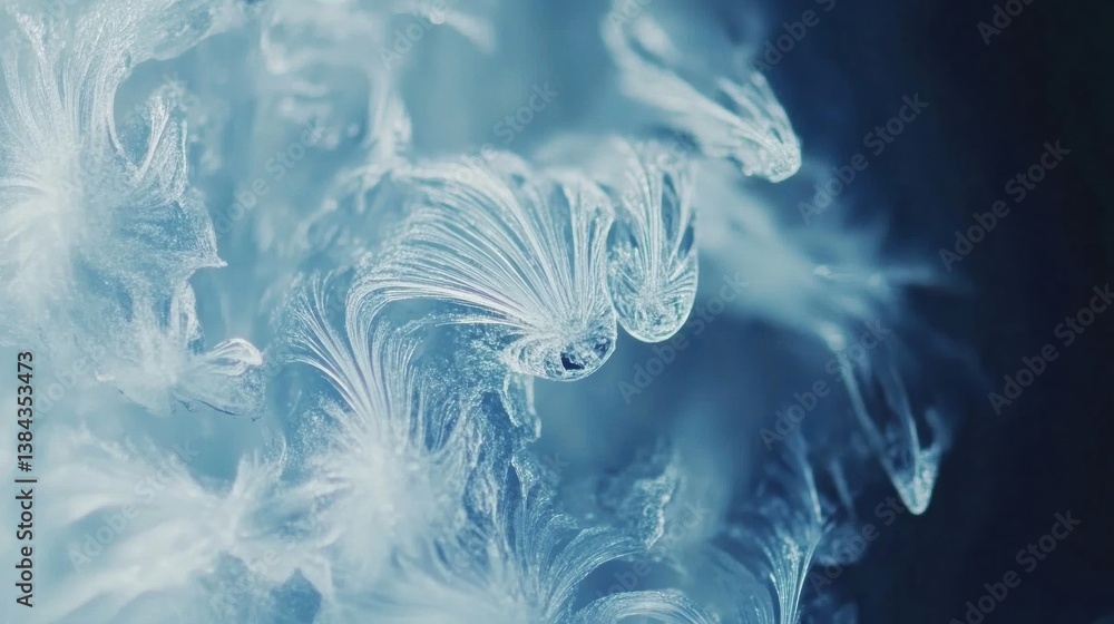 Poster Frozen ice crystals form intricate patterns with soft blue-white gradients in a striking display of winter minimalism