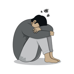 Depressed person illustration. Feeling sad and overhelmed. Man clasping knees. Concept of sadness, anxiety, and mental health. Lonely figure expressing sorrow and despair. Mental health awareness