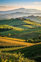 a view of a beautiful countryside with a few hills and trees