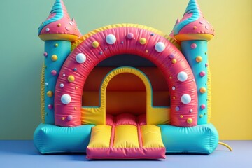 Brightly colored bounce house entrance with swirly designs, bounce house, playful vibes