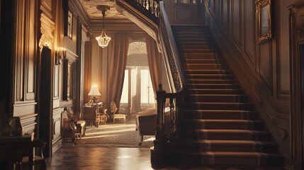 Fototapeta premium Grand Staircase in a Luxurious Mansion, Sunlit Hallway