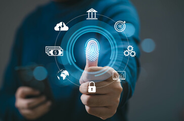 A person using biometric fingerprint technology for secure authentication on a smartphone. Digital...