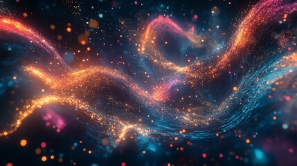 Abstract glowing particles flowing, dark background, digital art, website design