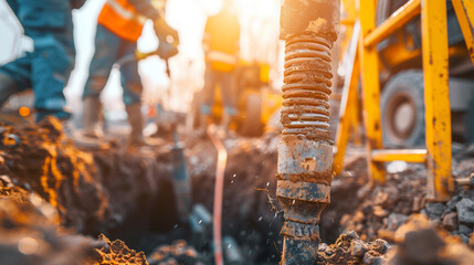 Workers installing a geothermal heating system, drilling deep holes and laying pipes, construction site. stock image, hd quality, natural look, blog post.
