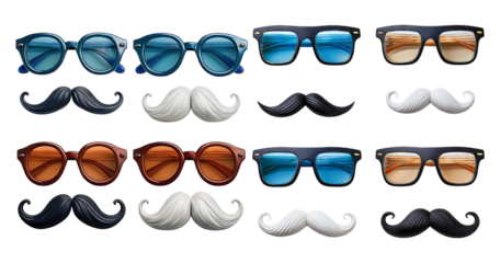 Colorful Sunglasses and Stylish Mustaches Collection on White Background, isolated on transparent background