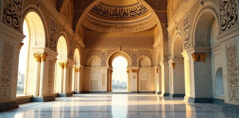 Fototapeta premium Calligraphy and Arabic script adorn the walls of the mosque in elegant cursive, mosques architecture, islamic calligraphy