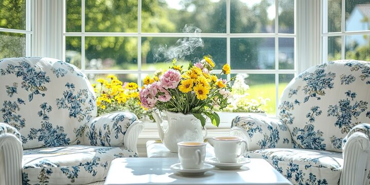 14h inside a white sunroom with muntins. two white and blue floral lounge chairs with a white painted coffee table between them. 