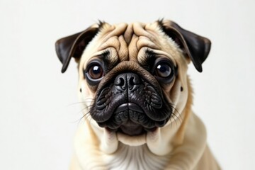 Playful pug stares directly at camera, pure white backdrop, closeup, background