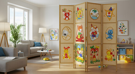 Stylish Living Room Scene with Folding Screen Featuring Childlike Illustrations