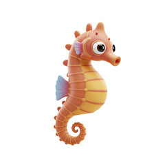 Adorable 3D Render of a Cartoon Seahorse with Big Eyes and a Cute Pose Against a Black Background