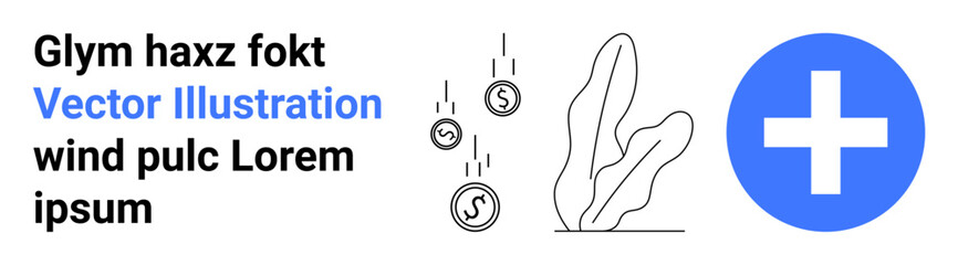 Coins falling near abstract plant with a blue medical cross for growth, health, and investment. Ideal for finance, business, healthcare, environment, savings, charity simple landing page
