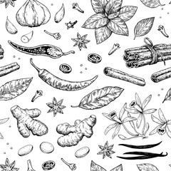 Seamless pattern with spices and aromatic plants. Hand-drawn detailed vector illustration in sketch ink style.