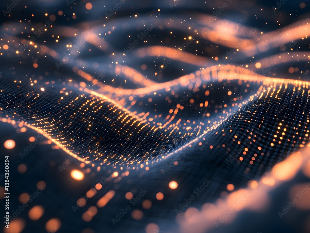 Poster abstract digital landscape with glowing particles and waves