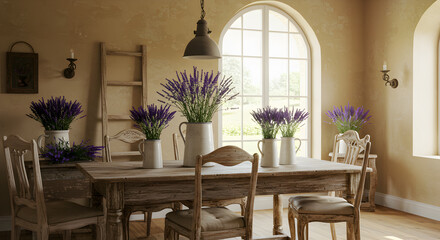 Rustic French Country Dining Room with Lavender Bouquets Decoration