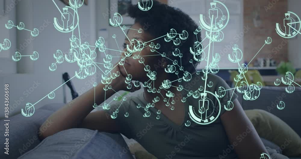 Aufkleber network of connections and data processing animation over person relaxing at home