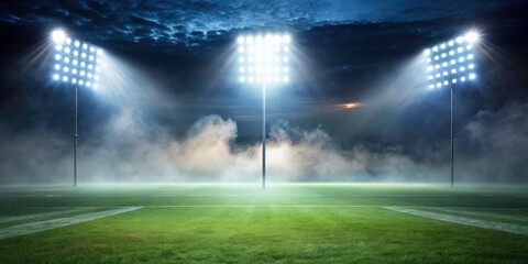 Naklejka premium Silhouette Stadium Fog Night Photography, Colorful Lights, Sports Field, Dramatic Lighting, Night Sports