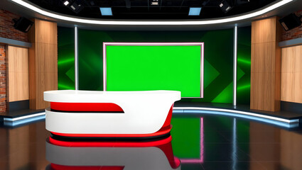 Modern News Studio with Green Screen, Brick Wall, and Sleek Desk