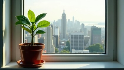 Fototapeta premium Single plant in a pot on windowsill, overlooking city , city, tranquility